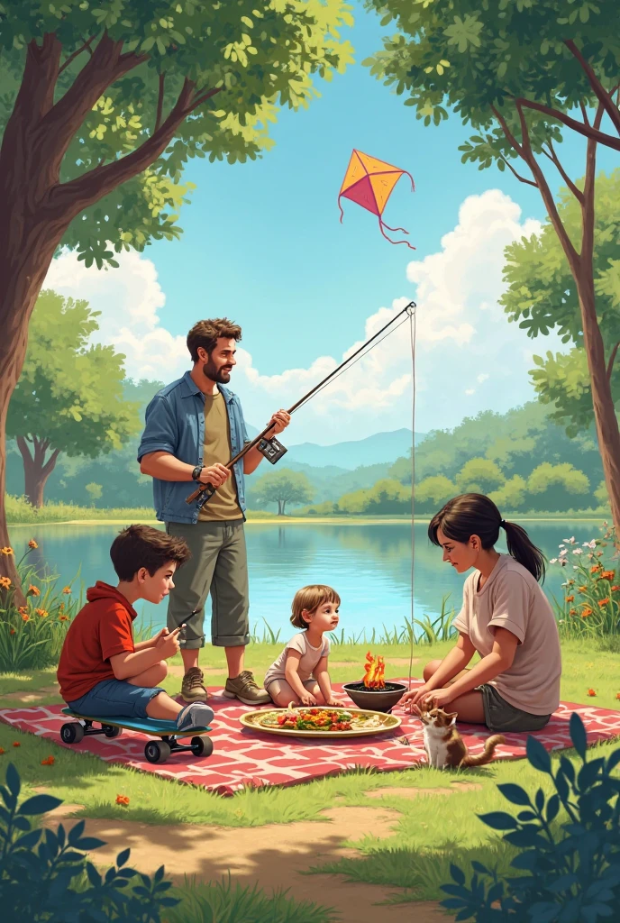 No I. Want a drawing of a family picnic at a park at a lake. Father fishing. Mother. Cooking braai. Sister eating. Brother doing skateboard, another sister playing kite. With 2 cats