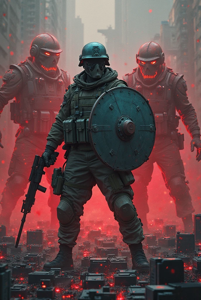 create picture where ukrainian solder protects with shield from computer motherboards and other circuits and red orcs is attacking
