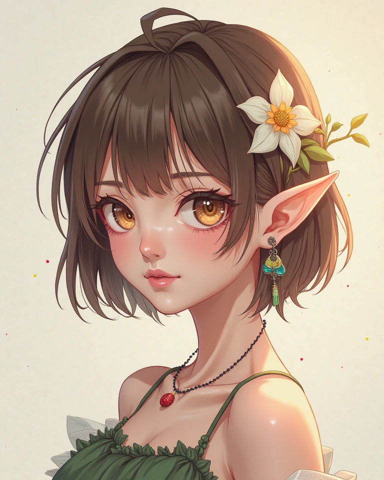 1 , better quality, tall details,  short hair, Brown hair, breasts,  pointed ears, toys,  mouth shut, simple bottom,  hair flower , anime, anime style, 