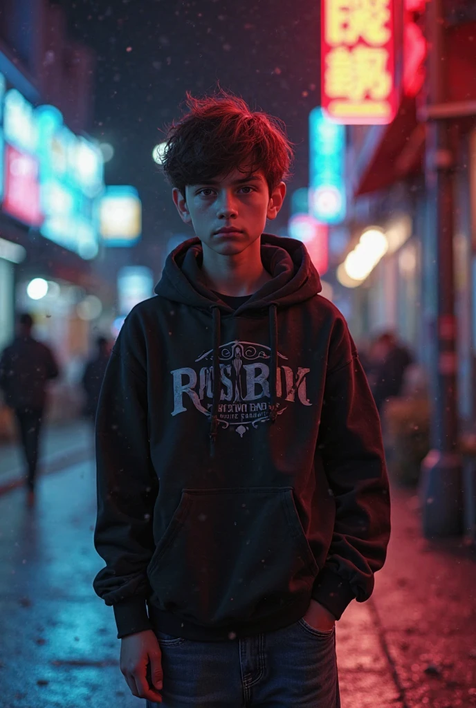 Handsom 13 year old boy written Osaid on her jacket change background cyberpunk 8k ultra realistic