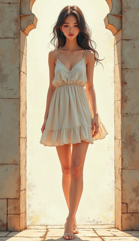 (Photorealsitic:1.4), (​masterpiece:1.3), (top-quality:1.4), ((ultrarealistic)), HD 8k, well proportioned full slim tonned body of ((innocent and little 28 years woman) , woman with bright expression, extremely beautiful, amazing beautiful, extraordinary beautiful, Detailed cute femenine and beautiful face.  women about 5'2", maybe 105 pounds with short brown hair and dressed in a silk knee length sun dress with spaghetti straps that did nothing to hide her charms. And her charms are wonderful, breast that are neither too big nor too small, slim waist and an ass that would fit in both hands with no spillover, detailed sandals matching dress, ((complete body view)), alternative vibe,vibrant lighting, high contrast,dramatic shadows,highly detailed,detailed skin,depth of field,dynamic angle,glimmer lighting, film grain,