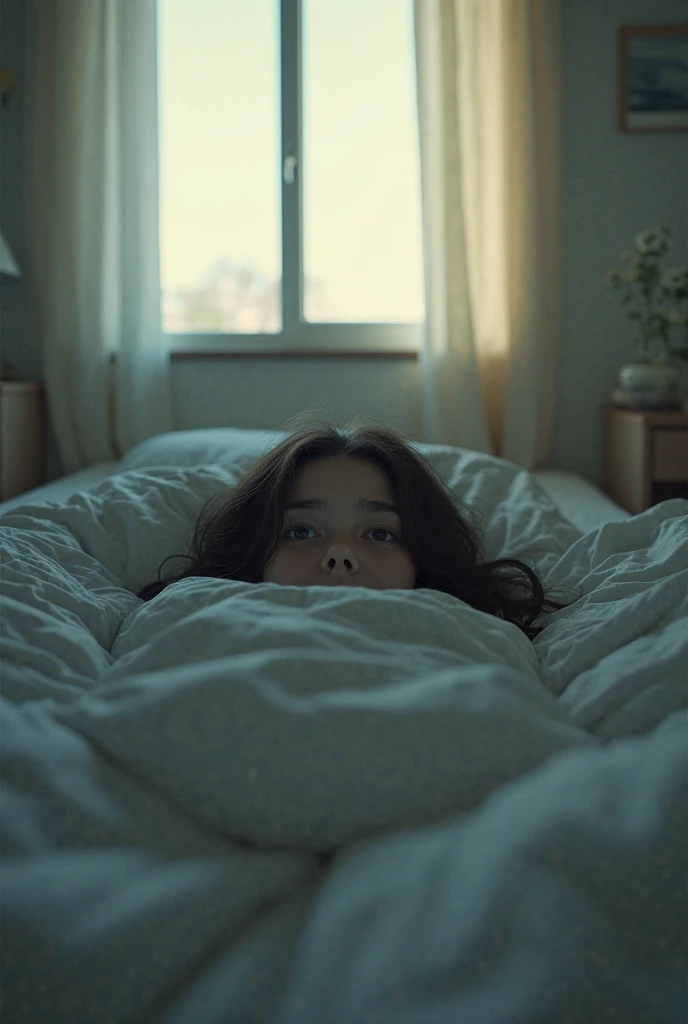 Footage of a Girl sleeping on a hotel room bed, dark, horror, creepy, creepy-looking, lovecraftian,, overexposure, video distortion
