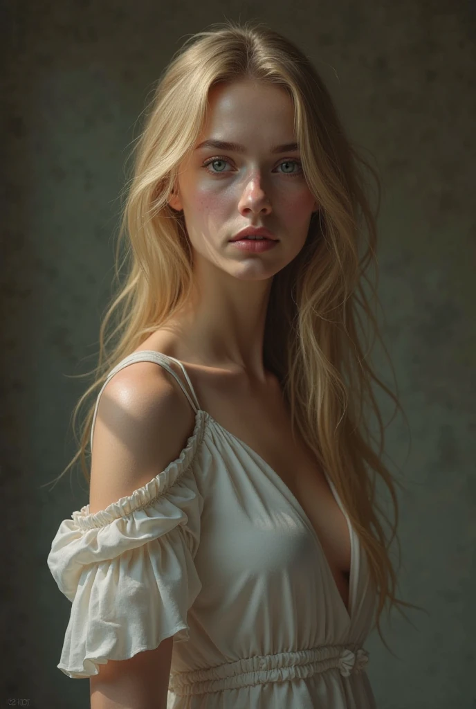 Aphrodite in white dress, blonde hair and has menstruation, with a desperate face