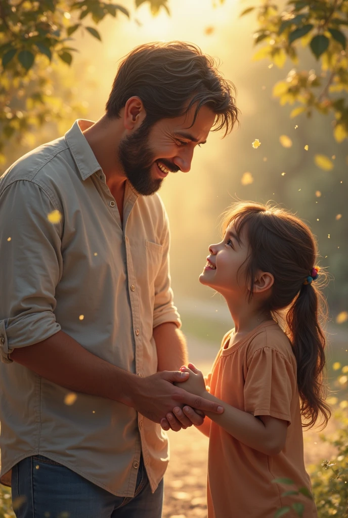 uma menina de 10 anos de idade, Hugging the father, The two of them are smiling, duas pessoas na imagem, Scenery in a square on a sunny day