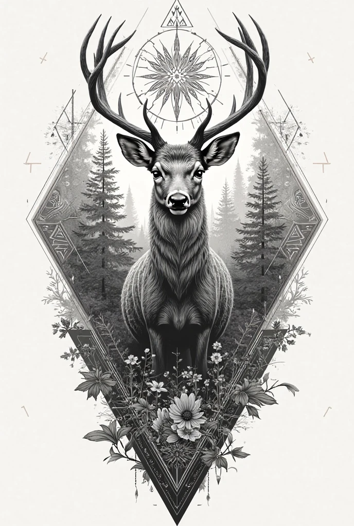 Design for a tattoo , with a deer, forest, all mixed with geometric background images