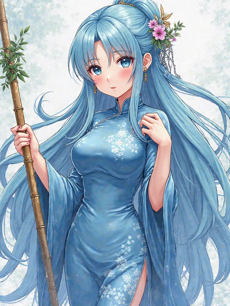 ru_qun,  hanfu, 1girl, blue eyes, glowing eyes, cute face, detailed eyes,  green hair, very long hair, (cowboy shot:1.2), wide-eyed,  standing on one leg, original_outfit, (hanfu), clear details,masterpiece, best_quality, clear details,  kawaii, ancient chinese,  waterfall, outdoors, clear sky, spring, chinese building, after rain,  <lora:elegantHanfuRuqun_v10:0.9>,   <lora:Moxin_1010:0.4>,  <lora:Moxin_Shukezouma:0.4>