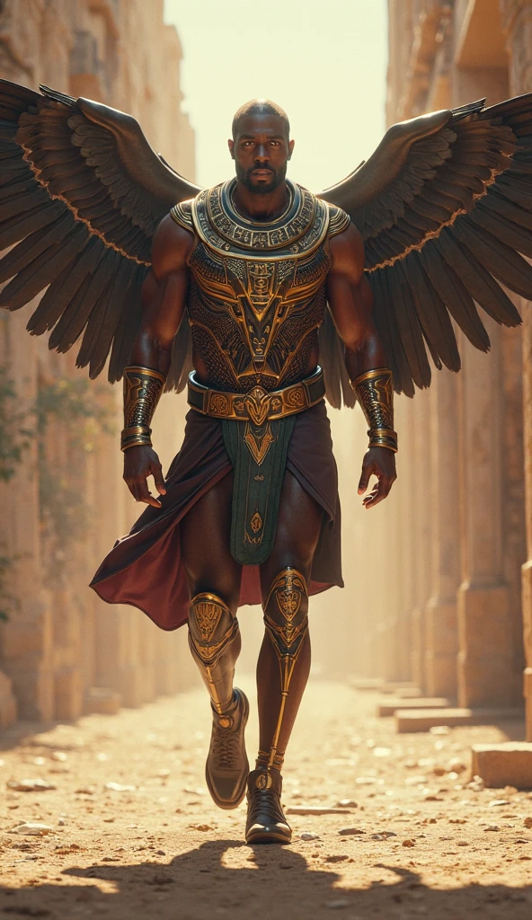 Create an image of Shu, the god of air, with a male figure, dark brown skin, and striking green eyes. He is depicted with traditional Egyptian attire, including a headdress with a feather motif. His hair is styled in a short, neat fashion. Shu should appear powerful and dynamic as he separates the sky from the earth. Incorporate Egyptian aesthetic elements like gold jewelry and ancient symbols. Use masterpiece, best quality, CG, wallpaper, HDR, high quality, ultra detailed face, cinematic, high detail, 8k, raw, high, artstation HQ, unreal engine, octane renderer, 4k resolution, hyperrealistic, highly detailed, and absurdres settings