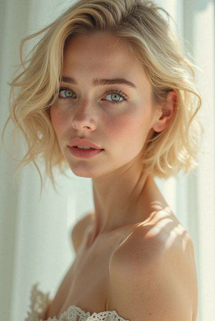 a beautiful natural beauty face who looks a bit like douzen kroes and is blonde, with full natural lips