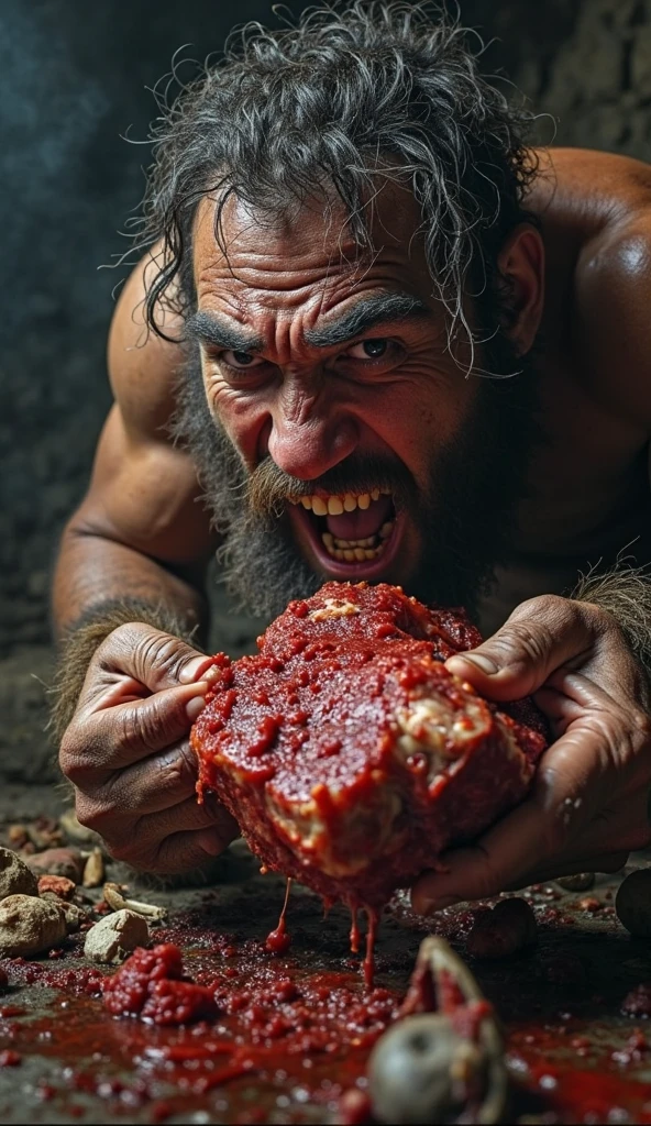 Man eats raw meat