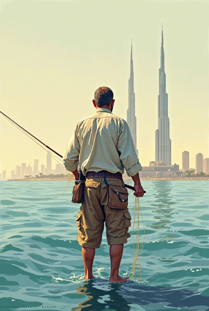 Kuwait fisher man in front of Kuwait towers drawn without face