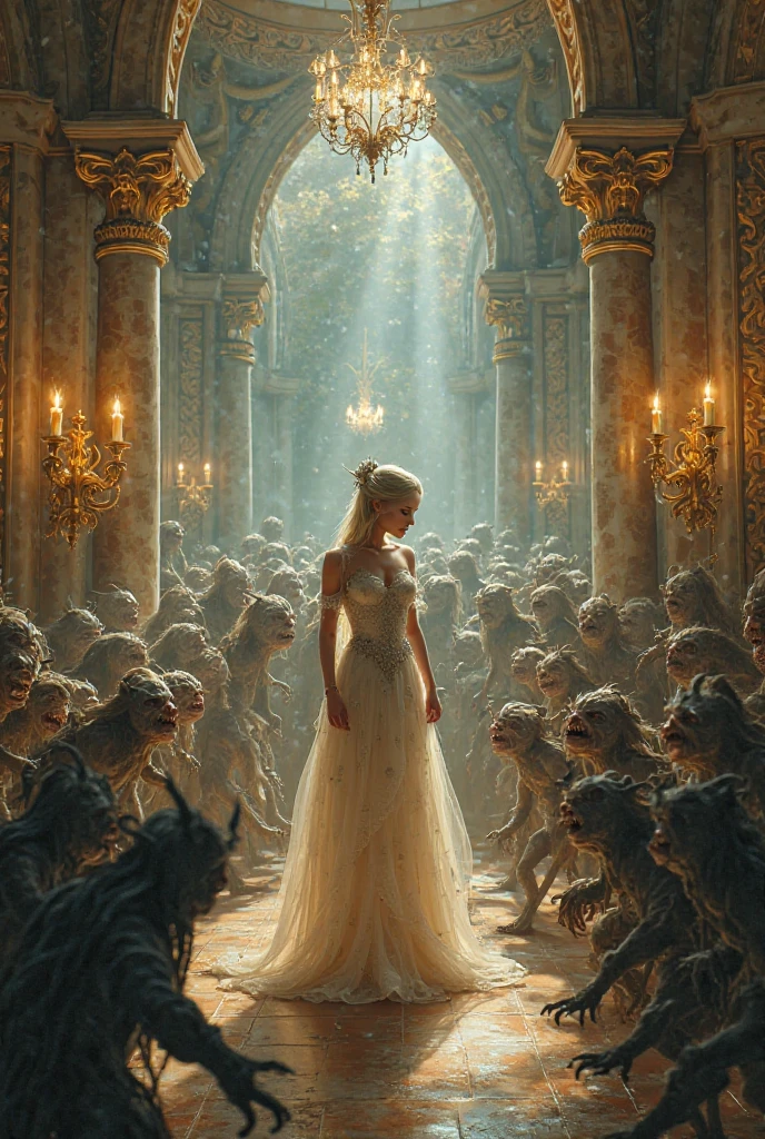 A scene showing Cinderella standing tall in her ball gown, but the shadows around her are filled with ghostly, distorted faces representing envy and greed. The expressions on these faces are haunting, hinting at the darker side of human nature