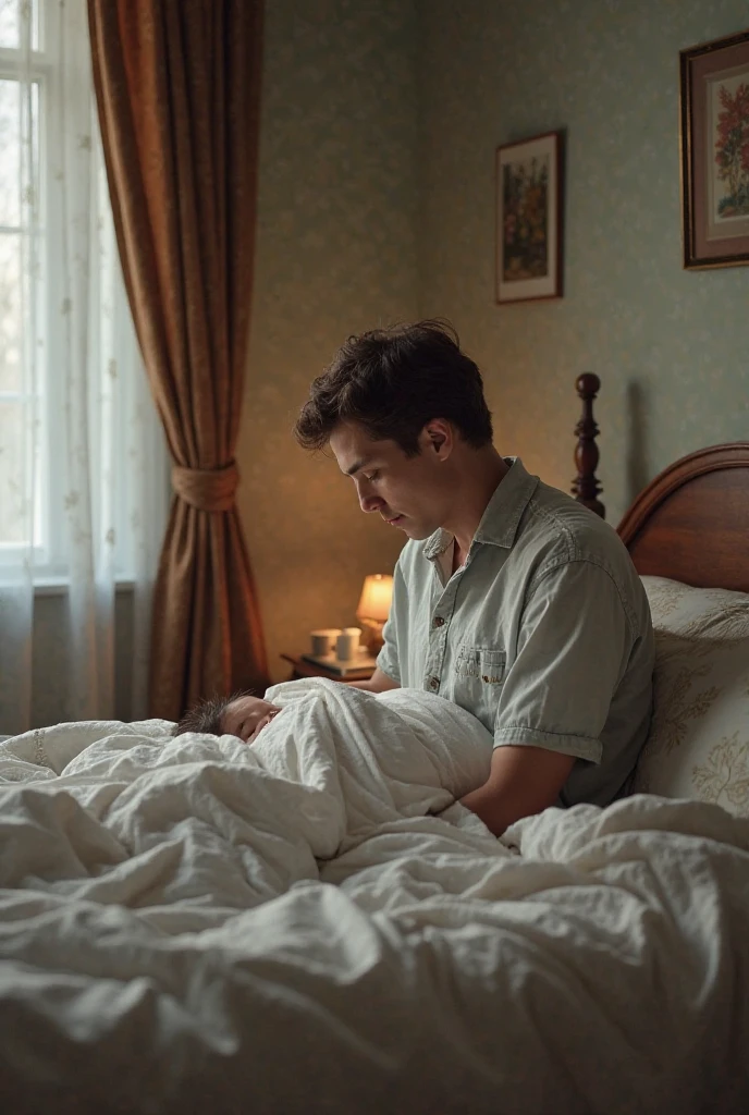Inside a dimly lit, old-fashioned room, a small child sleeps peacefully beside his parents