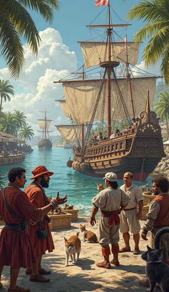 Image of colonizers arriving in new lands and seeing sailors working and nobles discussing plans