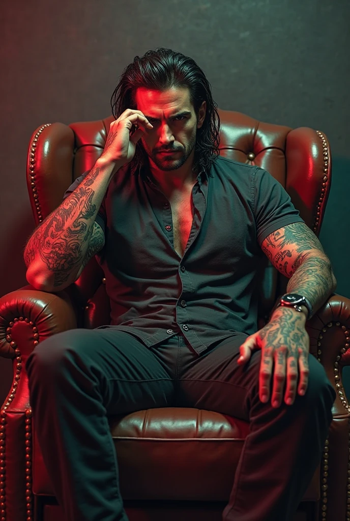 creating dynamic poses and long angle shots, a man sitting relaxed in an armchair in a dark room at night with his eyes closed holding a cigarette, Can Yaman, 20 year, long brown hair with bun, strong square chin, defined chin, thin moustache, strong muscular physique, he is taking off his shirt, wearing a black dress shirt, black dress pants with belt, tattooed arm and hand, expensive watch on wrist. in front of her, crouched on her back without showing her face, is a woman sucking his penis, She's wearing white lingerie, he has one hand on her head.