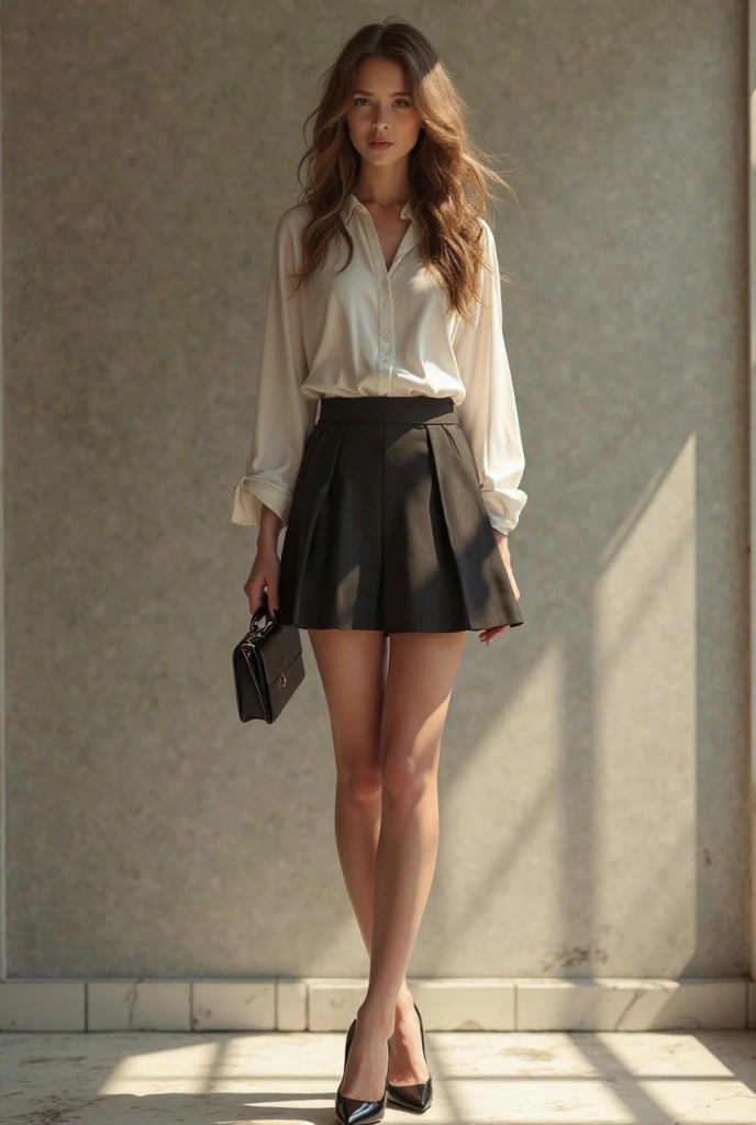 a woman in a casual clothing, white long sleeve T-shirt and circle skirt ,converse shoes, , adult face, shoulder length slightly wavy hair, (( ash brown coloured hair)) and gleaming detailed vibrant grey eyes, slim frame, medium breasts, long legs, beautiful face, medium butt size, small feet size, small hand size, perfect hands, scary face, beautiful face, pretty face, hot woman, British woman, cream skin, small soft pink lips , small to medium breast size, sharp features, slim hourglass figure, ashen hair