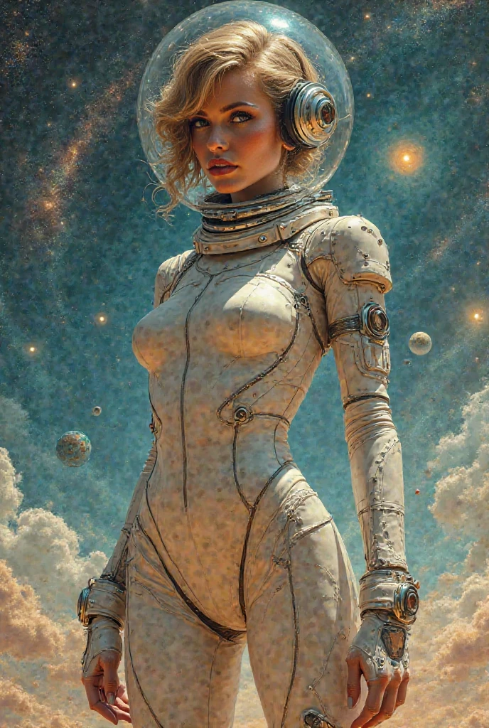 There is a woman standing in a room with many alien statues, elle fanning as an android, 2 0 2 1 cinematic 4 k framegrab, james jean and fenghua zhong, eiko ishioka, promotional still, porcelain, björk, Mechanical --AR 16:9