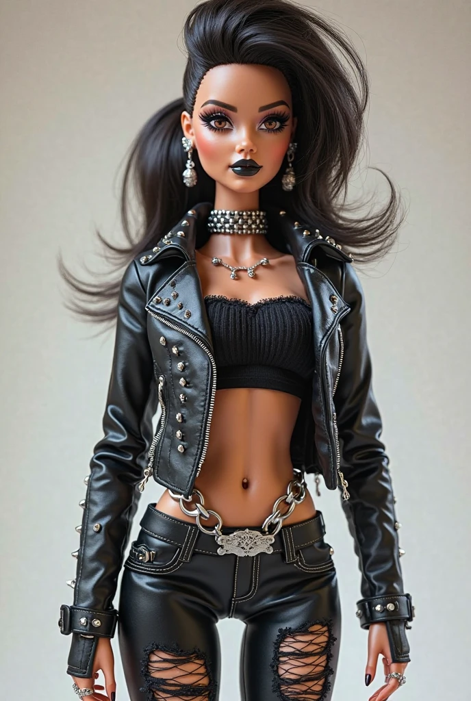 Ultra realistic, super realistic , black metal Barbie, rockstar, perfect hourglass body, perfect breast, full body shot, freckles, braces