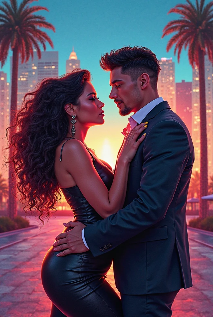 Create a couple, the woman will be dark-colored, the hair will be curly, the color yellow, with a white dress, the man will have yellow hair, the shirt will be light blue, the pants will be black, they are in Las Vegas, the man will be black, too, very realistic. It shows every detail of Las Vegas.
