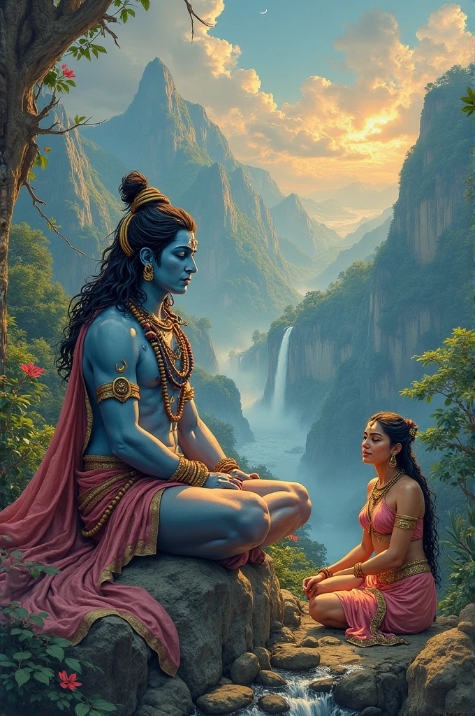 ভগবান মহাদেব ধ্যান করছে এবং তার সামনে একটি মেয়ে তাকে ভক্তিসহকারে প্রনাম করছে