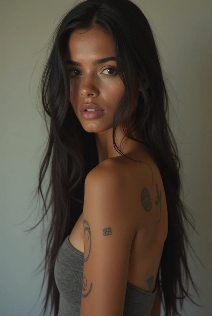 40 years old, gorgeous cute Brazilian girl, smirk, freckles, (dark skin:1.5), long wavy curly hair, smile, ((topless)), pulling blue jean shorts, view from behind, view from below, (masterpiece),((ultra-detailed)), (highly detailed CG illustration),(expressionless), (best quality:1.2),(1girl:1.2),High quality texture, intricate details, detailed texture, High quality shadow, a realistic representation of the face, Detailed beautiful delicate face, Detailed beautiful delicate eyes, brown eye pupil, a face of perfect proportion, depth of field, perspective,20s, slender face, (big eyes:1.2),blush,glossy lips, perfect body, lean body, (narrow waist:1.3), large breast, distinct_image, (lustrous skin), solo focus, (brown hair), (streaked hair), light source contrast, ((long hair)), (pureerosface_v1:0.5) , (ulzzang-6500-v1.1:0.5), muscular women, tall body, famous models, good young girl, (masterpiece:1.0),(best_quality:1.0), ultra high res,4K,ultra-detailed, photography, 8K, HDR, highres, absurdres:1.2, Kodak portra 400, blurry background, bokeh, lens flare, (vibrant_color:1.2), professional photograph, (the_tattoo:1.4), (Beautiful girl), (beautiful_face:1.5), (narrow_waist).