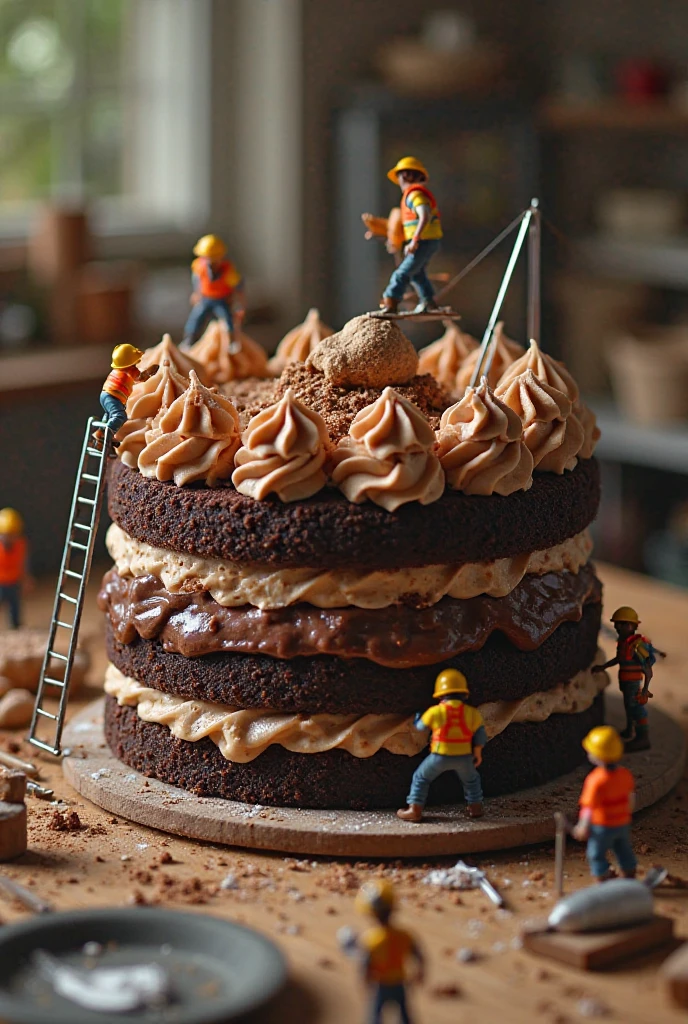 A large realistic chocolate cake with cream decorations, surrounded by ...