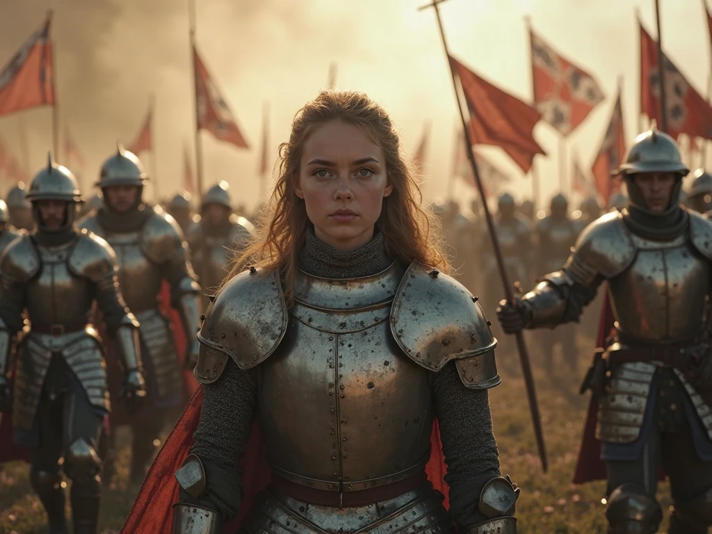 "Create a highly detailed portrait of Joan of Arc, a young woman in full medieval armor, standing confidently with a sword in hand. She is depicted leading an army on the battlefield, with the backdrop of a medieval French town under siege. Her face exudes both strength and determination, while rays of light subtly surround her, symbolizing her divine visions. The scene captures the dramatic tension of battle, with banners fluttering and soldiers in the midst of combat, all set in the 15th century medieval France during the Hundred Years' War." Documentary style
