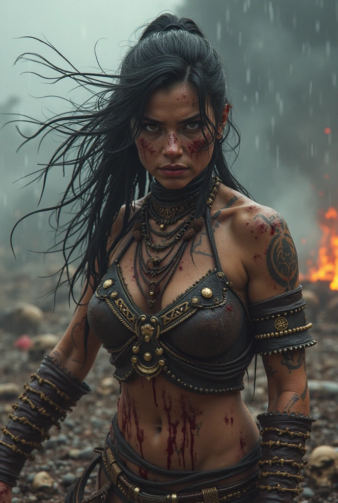 Hellish Scenery, badass, pretty black woman, bloodied, tattoos, holding a sword ready to fight, silver blade shining, facing me, stern but determined look, close up, photo-realistic, intricate details, high-quality, HD,
