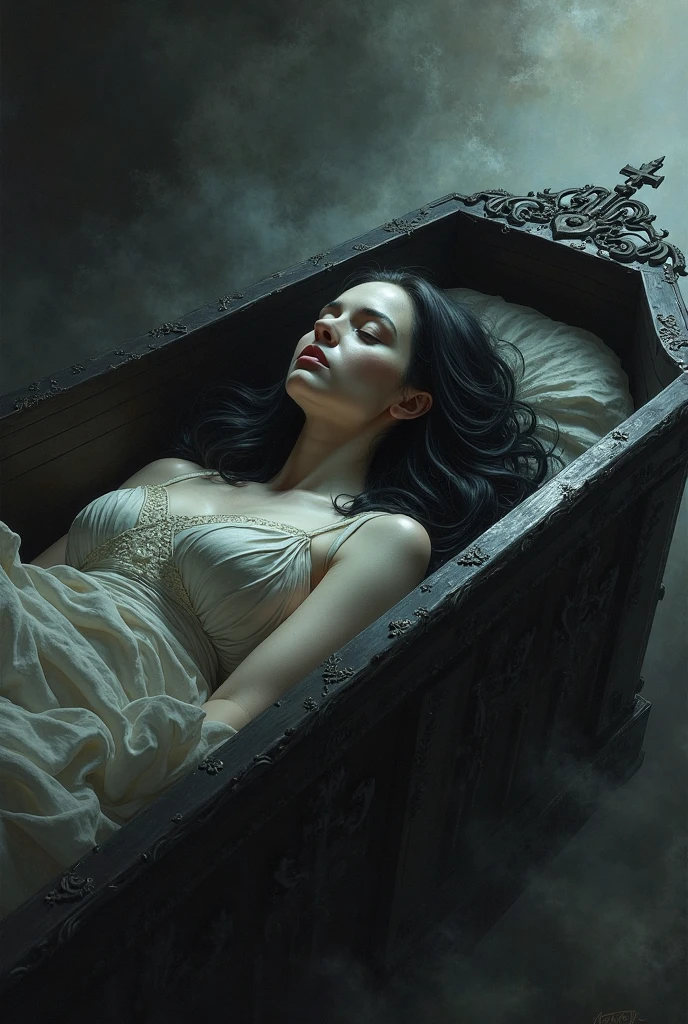 sorceress, very pale, emaciated, folle, lying in a coffin