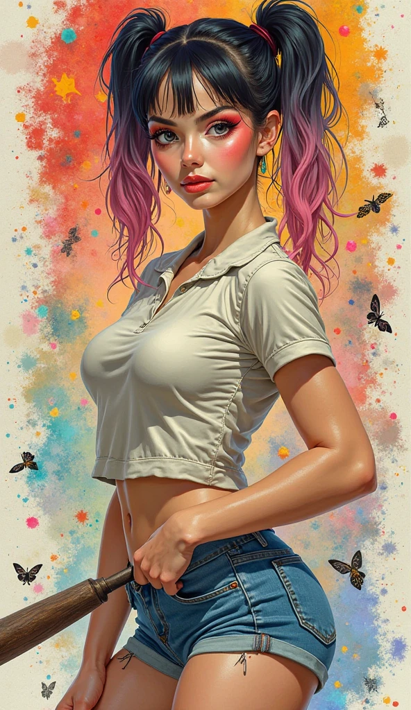 ((Speed Paint) +++ Female portrait, palette knife painting, impressionist style, brushwork technique, large stroke, Open shirt, A stunning illustration, pink green-haired goddess, 1980s pop hair styles, pale skin, a beauty pinup art style, graphic design, flat colours, Neon Green Neon Pink Neon Yellow palette, background 1 flat colour, Stripes and triangles. , Full Nude, Green Pubic hair.