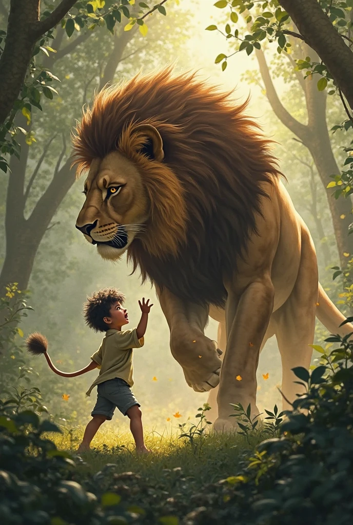 The good lion faces the bad lion to defend the child