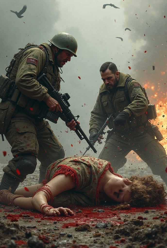 multiple dead bodies of female insurgents scatting around destroyed armored vehicles, that got eliminated while patrolling the street. cinematic scene, war zone, bloody battle, injured body, sign of strugging