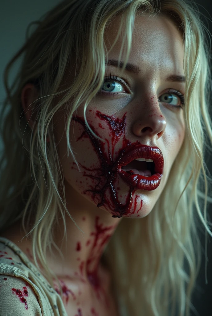 medium shot, cinematic, perfect centered, female blonde polish student, torn white shirt, black skirt, she is on the ground, sit, shame, desperate, wood, blood on her face and shirt, shame, desperation, desolation, snow, woods, night, winter, the shirt has some blood stains over, medium shot, low light, drama,, film movie shot, 35mm, dreamy, perfect face, perfect eyes, perfect hands