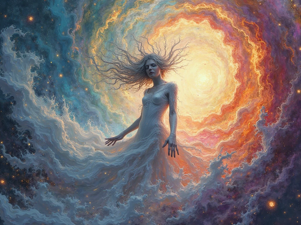 A figure surrounded by a vortex of swirling colors, with their body ...