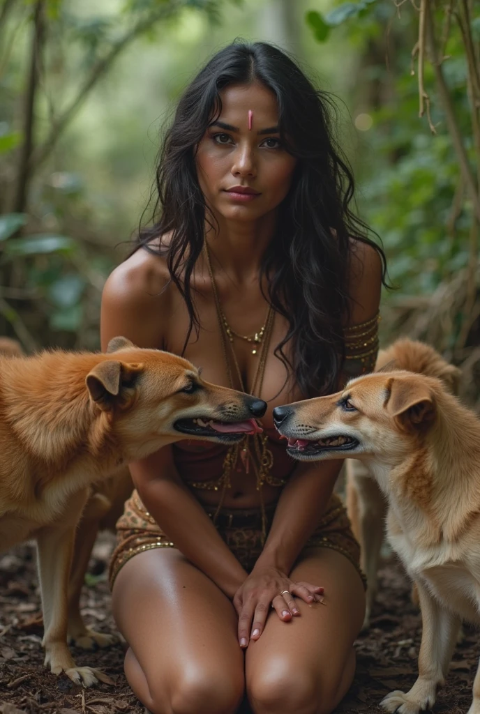 Realistic image of a woman, alone, with long hair, looking at the viewer, black hair, brown eyes, jewelry, braid, earrings, dark skin, necklace, mole, dark-skinned woman, lips, feathers, Native America, sitting on the green grass in the forest trees with her dogs