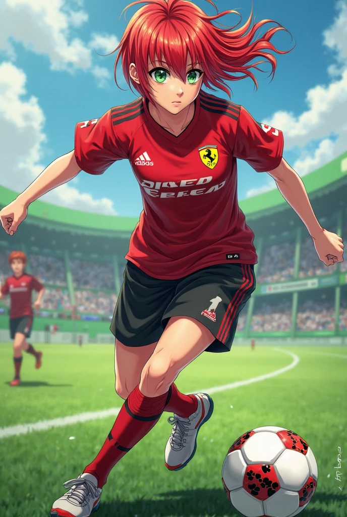 One woman、beautiful girl、high school girl、Soccer uniforms、Liverpool Shirts、ponytail、Long Hair、Football Stadium、soccer ball、Shoot shoots、Kicking the ball、Soccer Shoot、soccer ballを蹴り上げる、The stands are packed、Highest quality, Thick thighs、Big Ass、Black Hair、Sweaty body、Bullet Chute、Number 10
