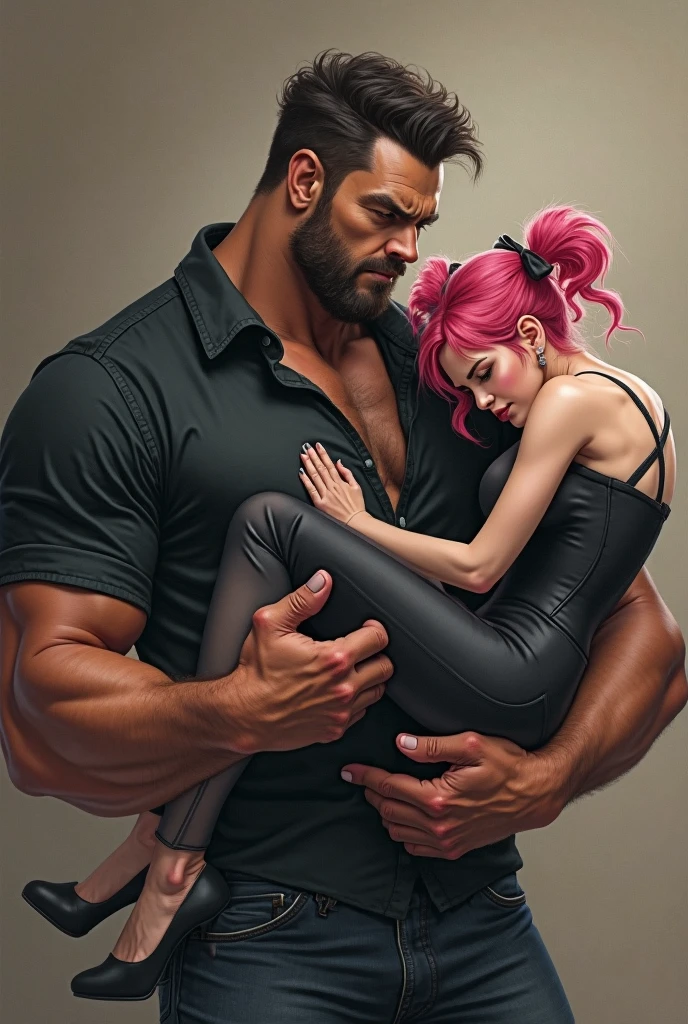 anime art, a guy, fit body, wearing priest tight outfit, big masculine bulge, , squatting down on top of the head of a sleeping female with lgbt shirt
