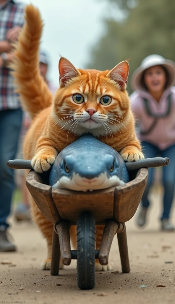2: Carrying the Shark in a Wheelbarrow "The orange cat, with big eyes and a determined expression, is pushing a wooden wheelbarrow with the massive blue shark inside. The wheelbarrow is comically oversized compared to the cat, adding a humorous touch. People in the background look surprised, with exaggerated reactions. The cat appears relaxed, with its tail raised in an animated, lively way."