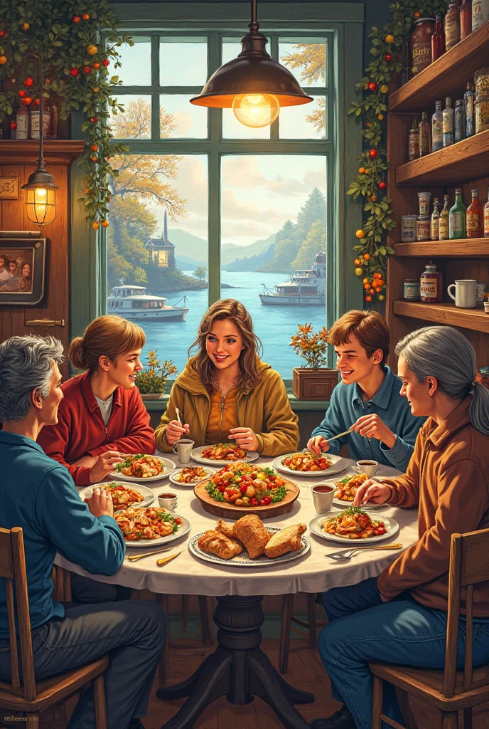 Beautiful family, Everyone is happy and smiling, in a room having breakfast, retrato detalhado, complexidade intrincada, rule of thirds, Sunset, Tinta fosca, luminescente, Artistic Station, arte conceitual, Arte Nova, Ilustrativos, Smooth and sharp focus Highly detailed, Arte Pixar Maximalista e Realista.