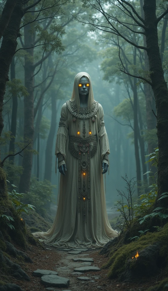 scene with the Brazilian indigenous god Anhangá, He must be standing in the middle of a dark forest with fog and the moon on the horizon Anhangá must wear a red headdress. Anhangá has completely white skin and long white hair., your eyes need to be red.