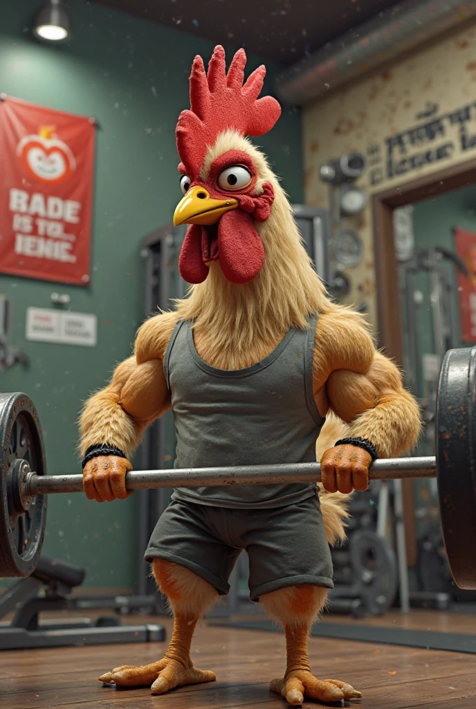 muscular chicken in purple shorts, pulling weights in the gym