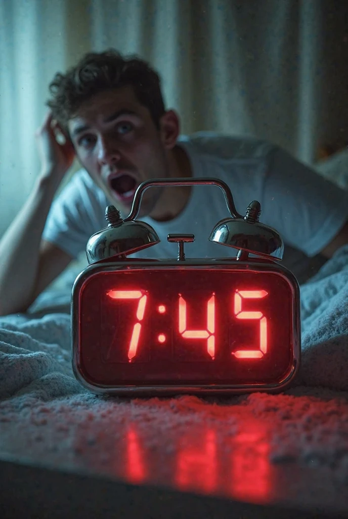 The alarm clock rings so loudly. A quick shot of the clock 7:45AM (he was supposed to wake uo at 7:00 AM