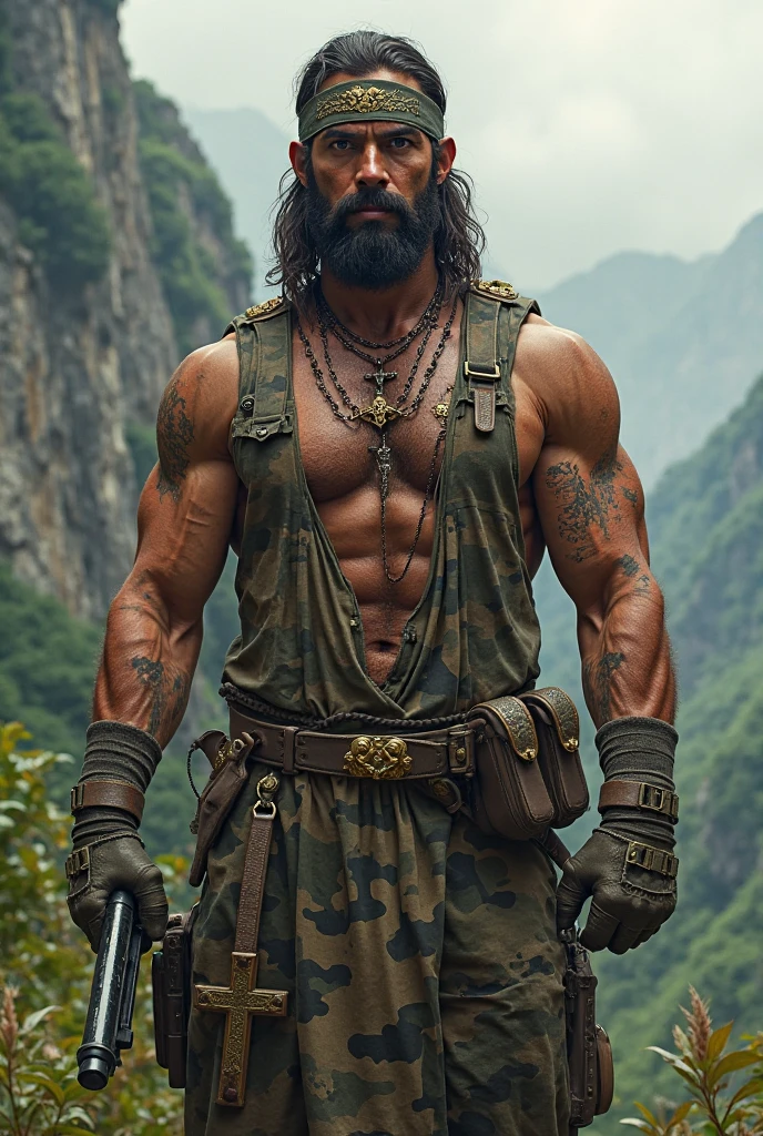 vue arrière du corps entier d&#39;a bodybuilder muscle barbu now à côté d&#39;A train ride in the desert, cheveux longs, thick thighs, harnais gay en cuir, bottes en cuir noir brillant, suspensoir