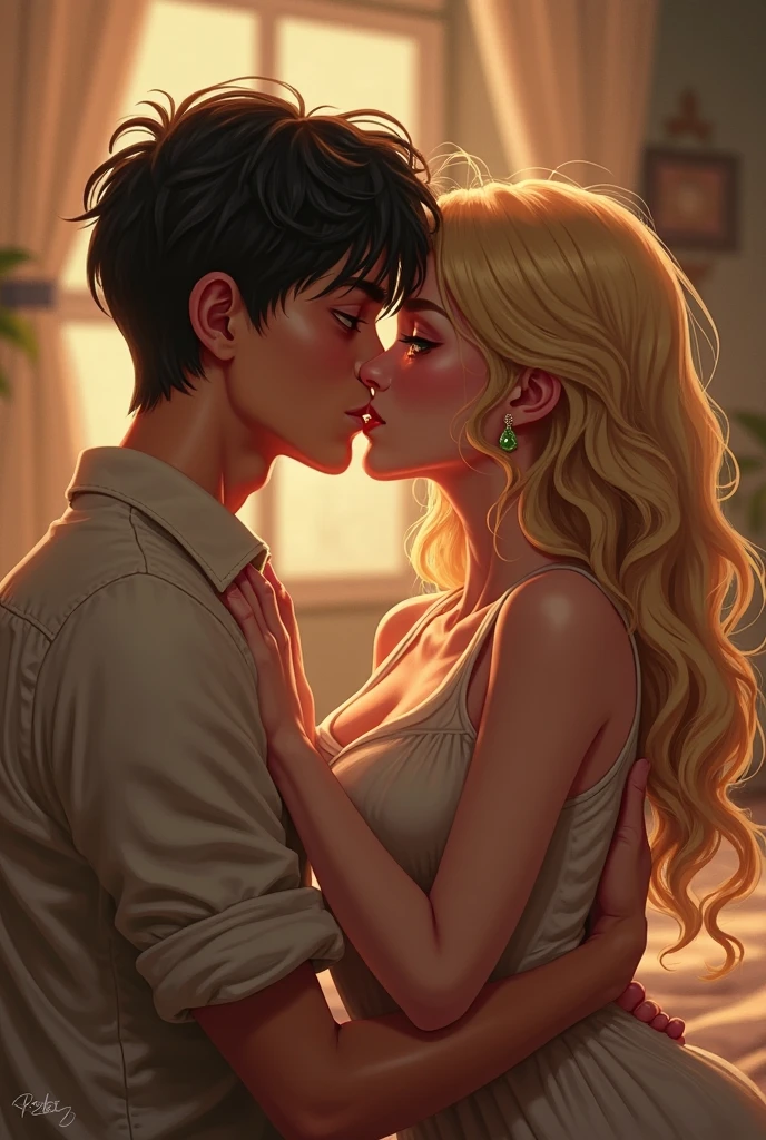 Amazing portrait of a sexy woman kissing and making out with a shirtless boy with her glossy red lips while wearing a sheer white shirt that reveals the red lacy lingerie that she's wearing underneath the shirt in a dimly lit room with one lamp giving off warm lighting