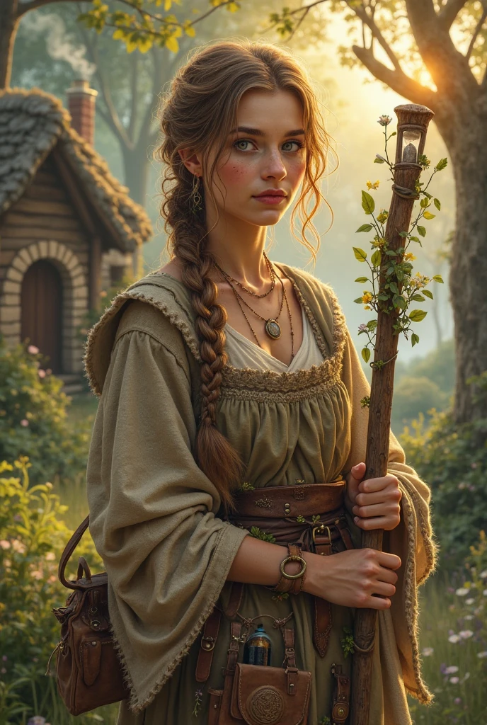 modelshoot style, (extremely detailed 8k wallpaper, Ultrarealistic:1.3),A Professional Full Body Photo, of a (beautiful 20 years old female warrior of Caucasian origin with a (very detailed very long hair with an intricate hairstyle:1.3)), Intricate, High Detail, dramatic, photo realistic, HDR, UHD, photography, subsurface scattering, (depth of field:0.3), (full body shot:1.3), full-length portrait, fantasy setting, village background, Style-Petal