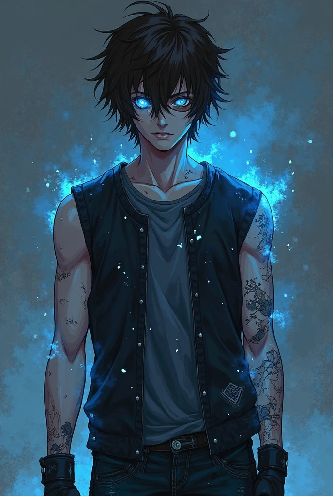 "Generates an image of a young man with black hair, Messy and pointy. He has deep blue eyes and an intense, dark look.. His skin is pale, except for several areas of burned tissue and visible dark purple scars, that are stapled with metal staples, covering much of his face, neck, arms and hands. She wears an open and tight black leather jacket, with a torn white shirt underneath. The sleeves of the jacket are rolled up, exposing the burns and scars on his forearms. The character is surrounded by vibrant blue flames that seem to emanate from his body., giving the impression that he controls the blue fire."