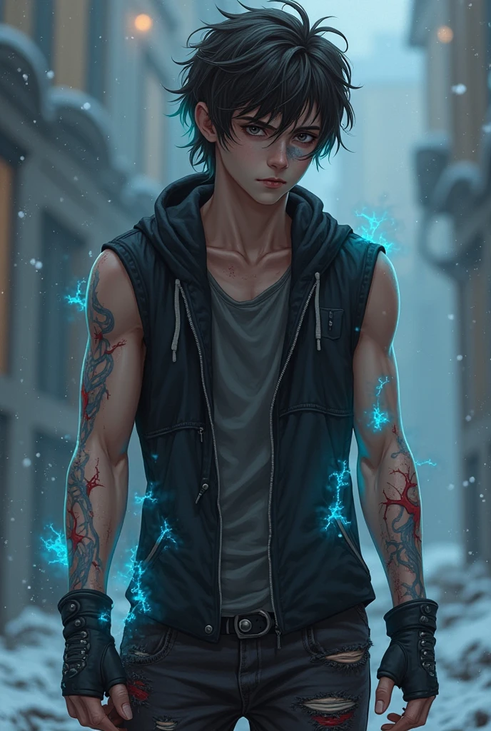 "Generates an image of a young man with black hair, Messy and pointy. He has deep blue eyes and an intense, dark look.. His skin is pale, except for several areas of burned tissue and visible dark purple scars, that are stapled with metal staples, covering much of his face, neck, arms and hands. She wears an open and tight black leather jacket, with a torn white shirt underneath. The sleeves of the jacket are rolled up, exposing the burns and scars on his forearms. The character is surrounded by vibrant blue flames that seem to emanate from his body., giving the impression that he controls the blue fire."