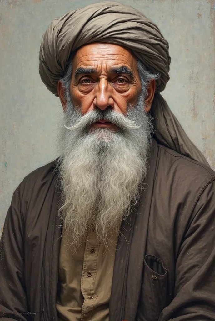 A bald old man wearing a black muslim cap and grey eyes with white long beared wearing a brown short sleaved robe