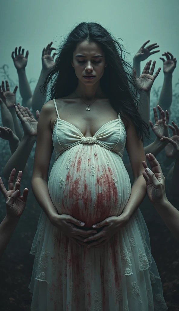 Photorealism 1.2 high definition pregnant women full white cloth very long hair hanging at dead tree with hooks on shoulder smoke effect ugly scariest face blood Asian rain forest background dusk effect zombie face deep jungle full white dress floating in the air night dramatic view cinematography view laugh with fangs holding babies