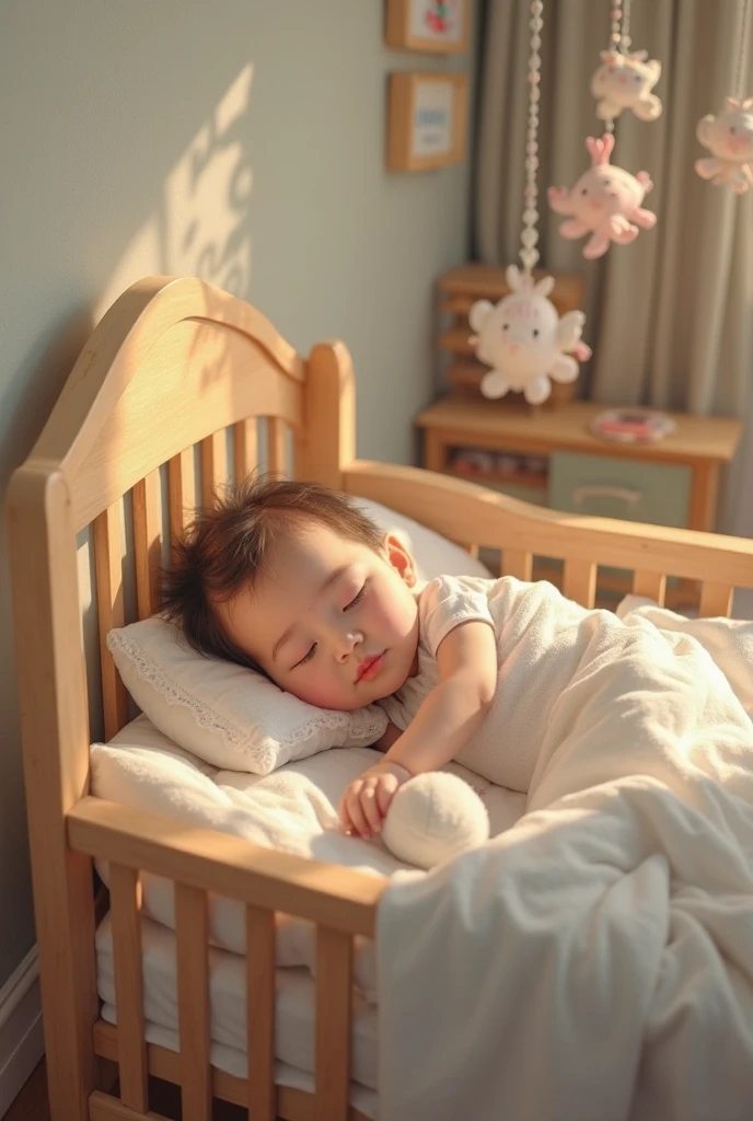 Boy, ???, baby,Newborn baby, baby, elf ears, eyes closed, crib, sleeping, silver hair ,Lying down,Drink alone, little one 