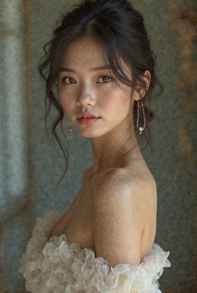 Gentle and charming Chinese beautiful woman, half-length photo, delicate and sexy collarbone, charming oval face, double eyelids, vivid peach blossom eyes, pink lips, small nose, bare shoulders, focused face, face close-up, ultra-high-definition, Super details, elegant standing posture, ultra-thin light-transmitting wet yarn